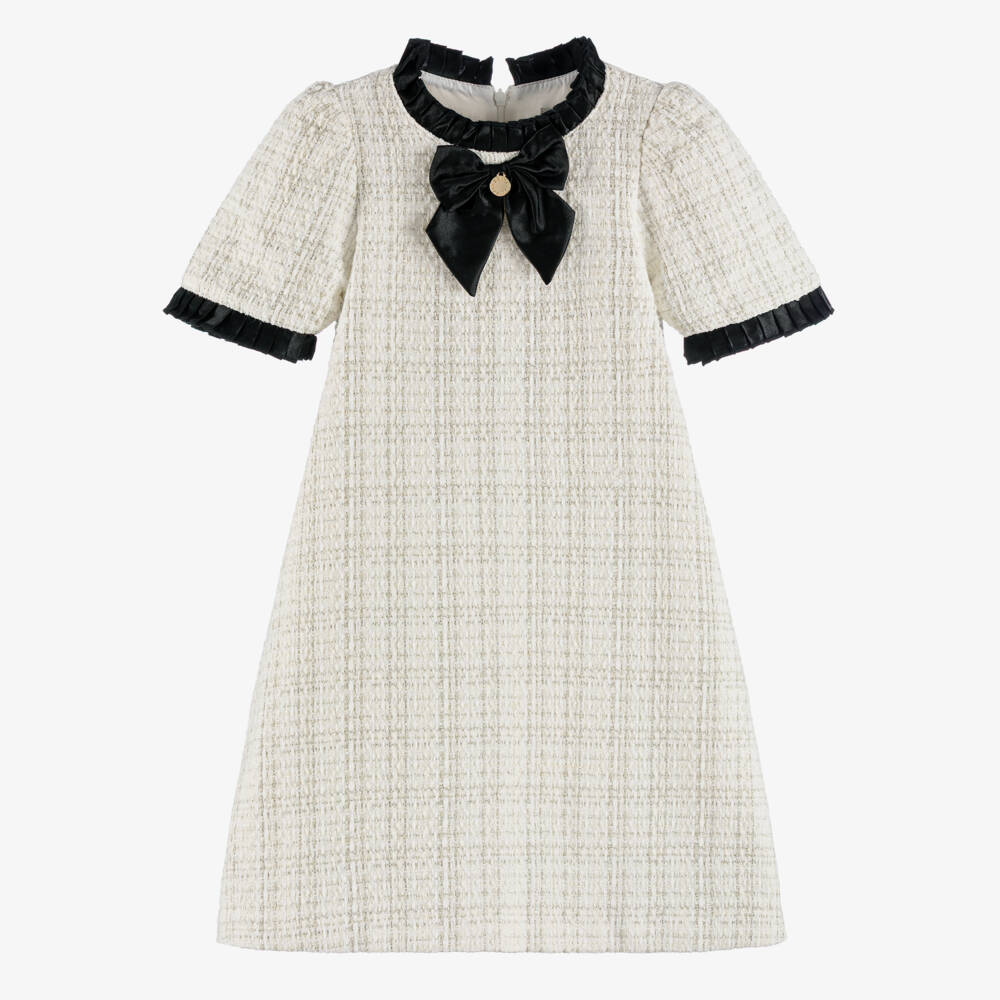 BCBGMAXAZRIA-Girls Ivory Tweed Dress with Black Satin Bow | Childrensalon