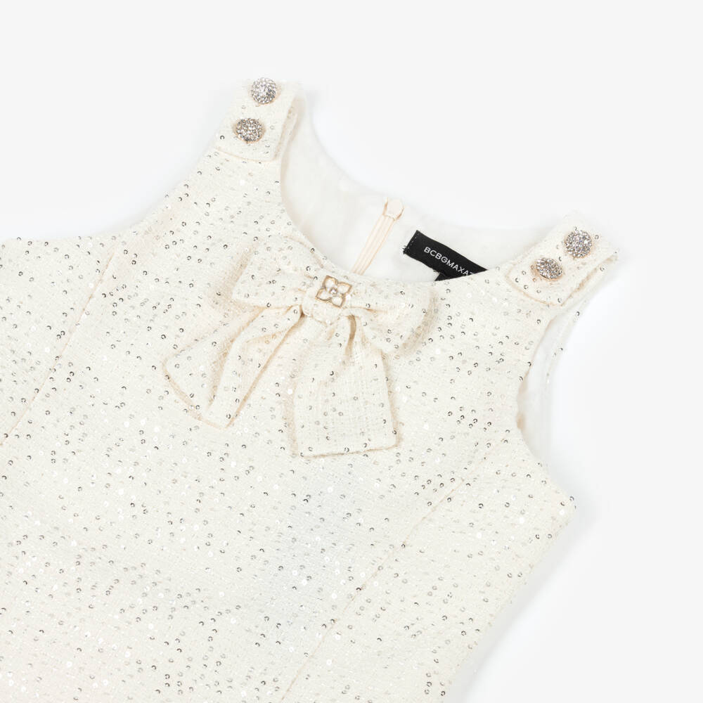 BCBGMAXAZRIA-Girls Ivory Tweed Dress with Sequins & Diamanté Buttons | Childrensalon