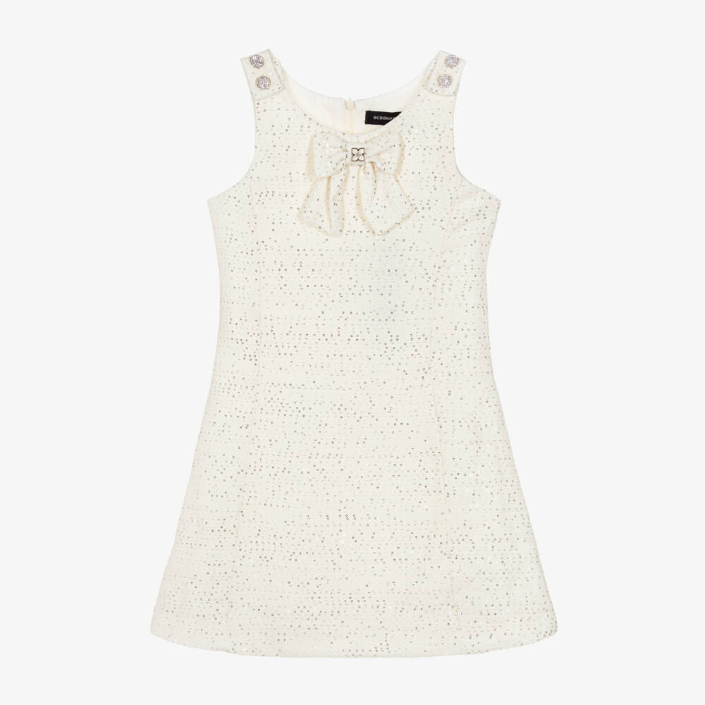 BCBGMAXAZRIA-Girls Ivory Tweed Dress with Sequins & Diamanté Buttons | Childrensalon