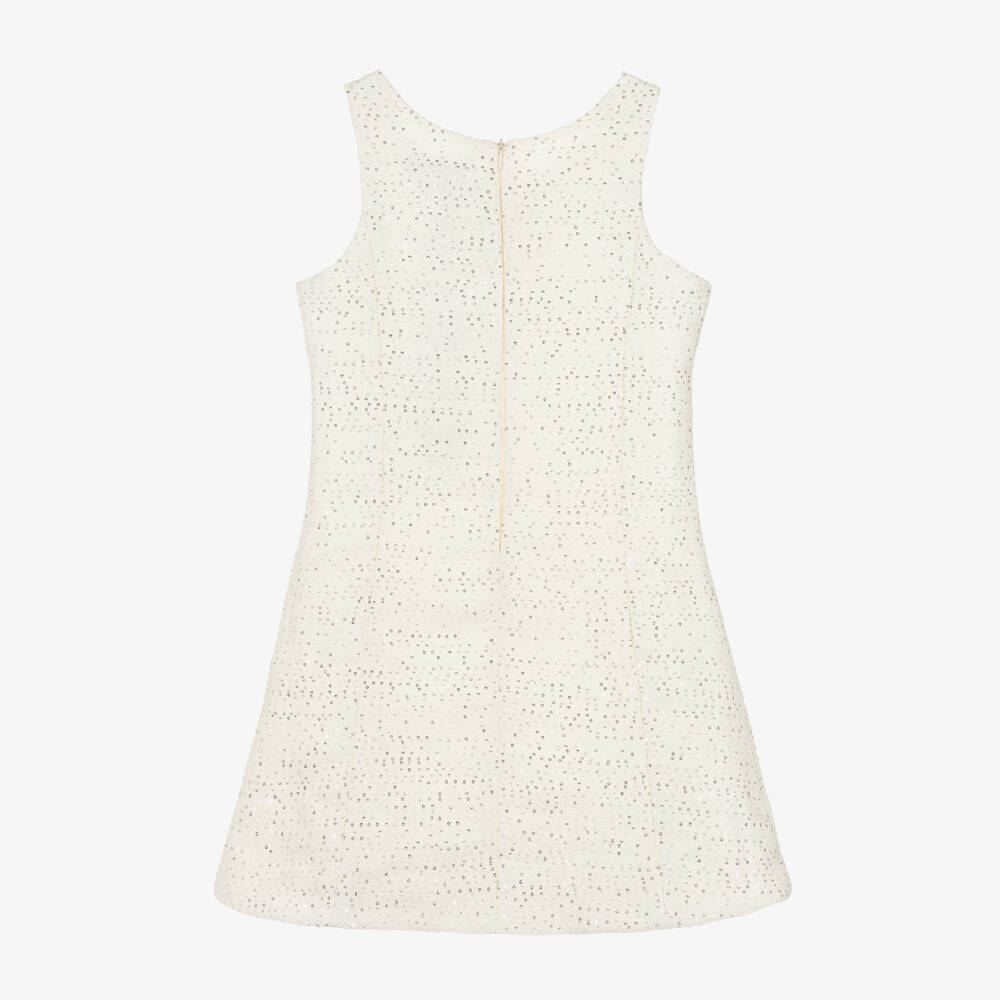 BCBGMAXAZRIA-Girls Ivory Tweed Dress with Sequins & Diamanté Buttons | Childrensalon