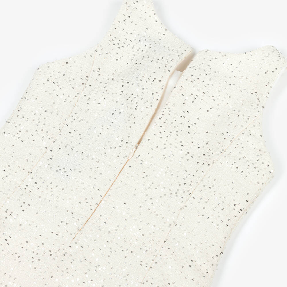 BCBGMAXAZRIA-Girls Ivory Tweed Dress with Sequins & Diamanté Buttons | Childrensalon