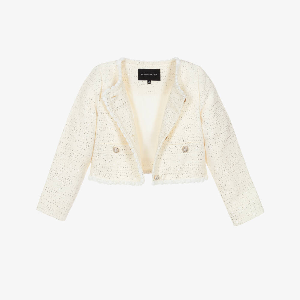 BCBGMAXAZRIA-Girls Ivory Tweed Jacket with Sequins & Diamanté Buttons | Childrensalon