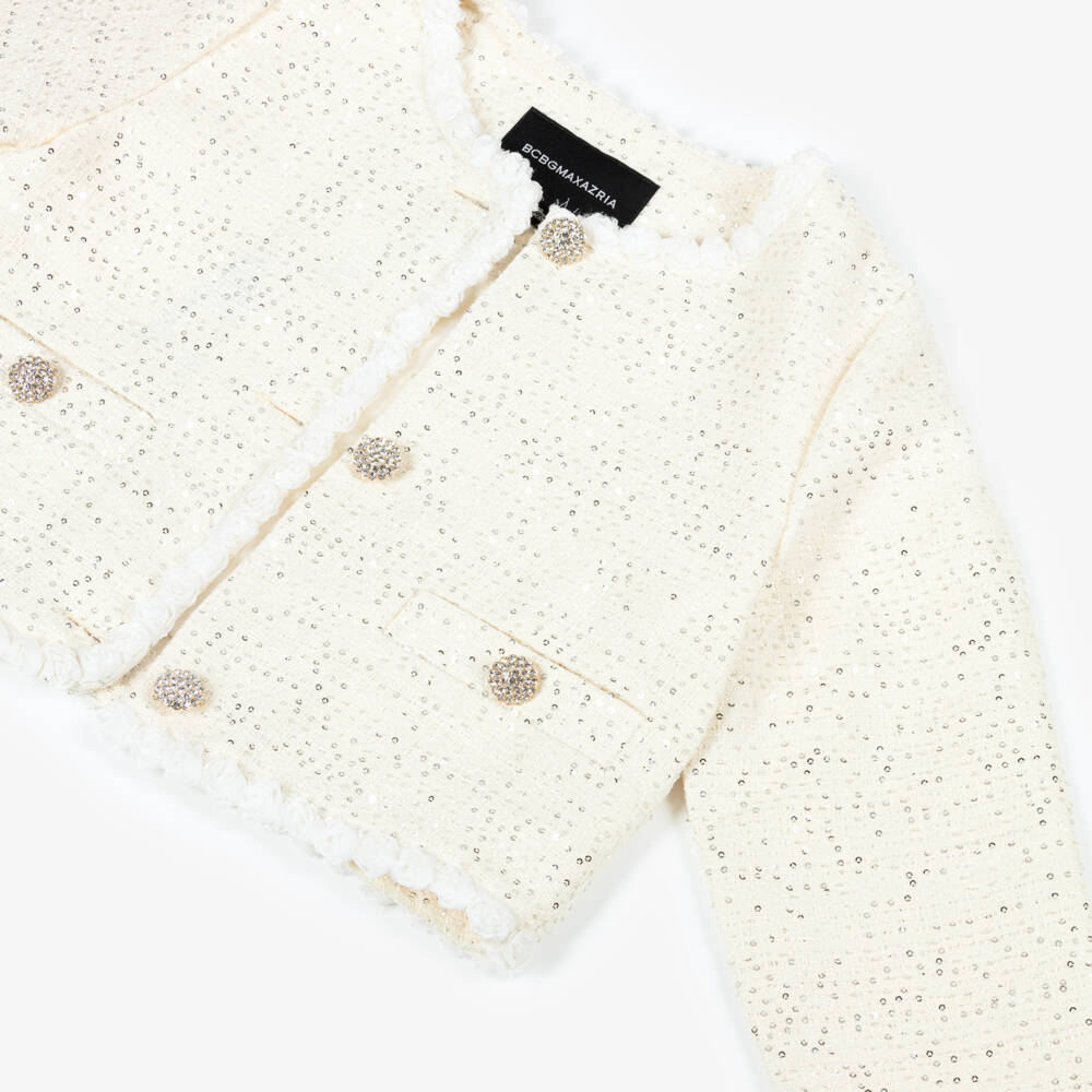 BCBGMAXAZRIA-Girls Ivory Tweed Jacket with Sequins & Diamanté Buttons | Childrensalon