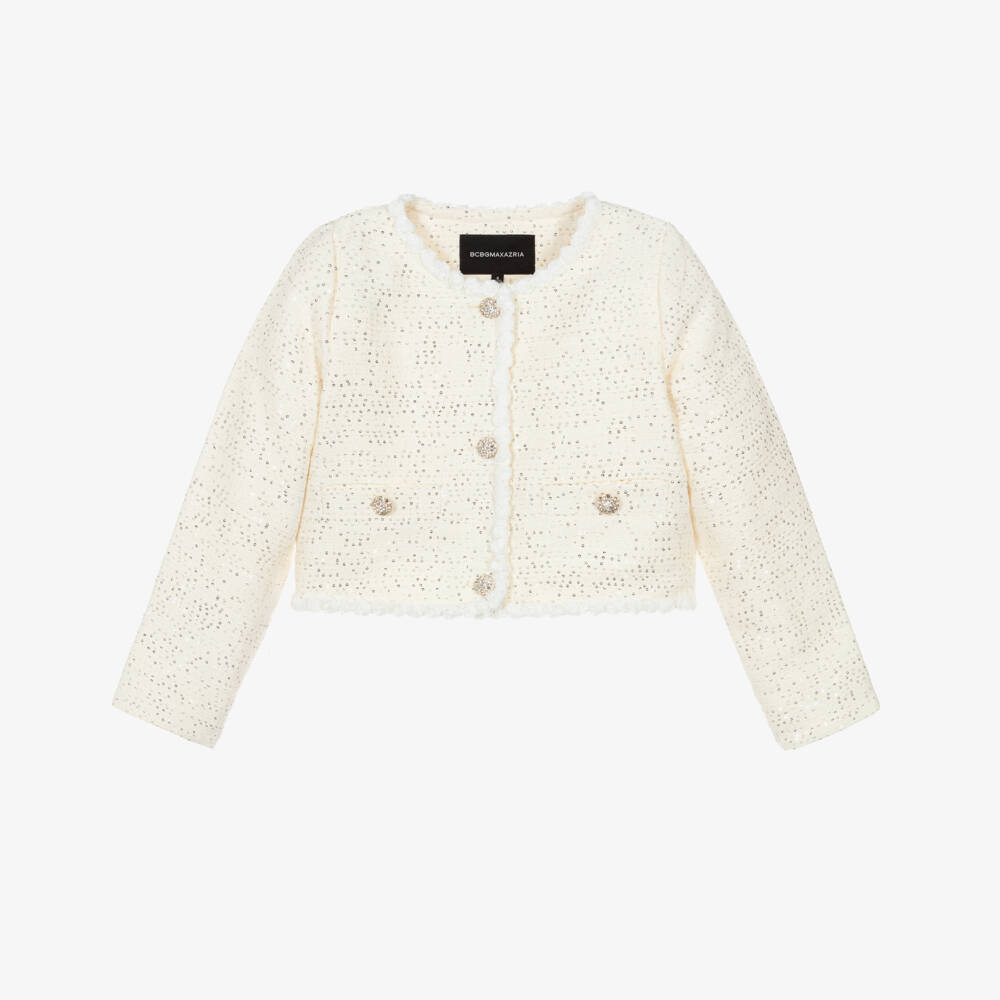 BCBGMAXAZRIA-Girls Ivory Tweed Jacket with Sequins & Diamanté Buttons | Childrensalon