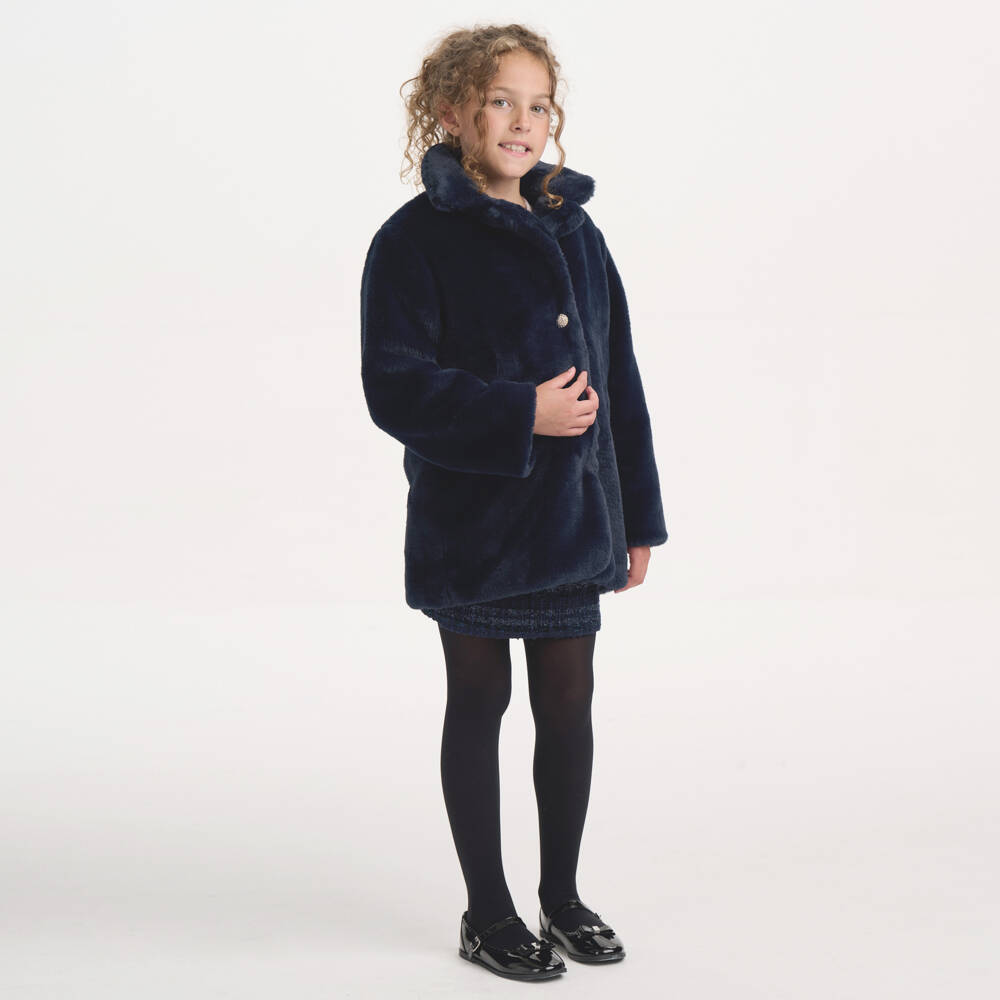 BCBGMAXAZRIA-Girls Midnight Blue Faux Fur Coat  | Childrensalon