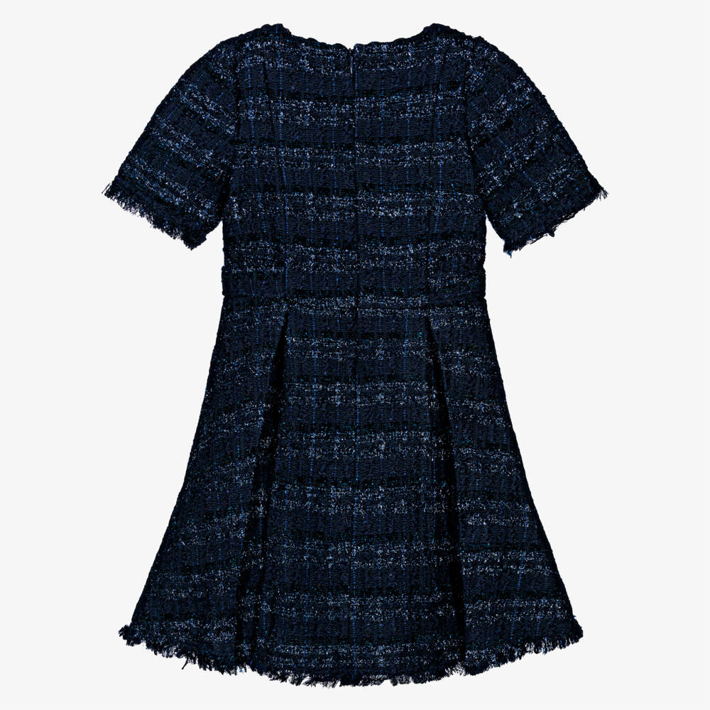 BCBGMAXAZRIA-Girls Navy Blue Tweed Dress with Diamanté Buttons | Childrensalon