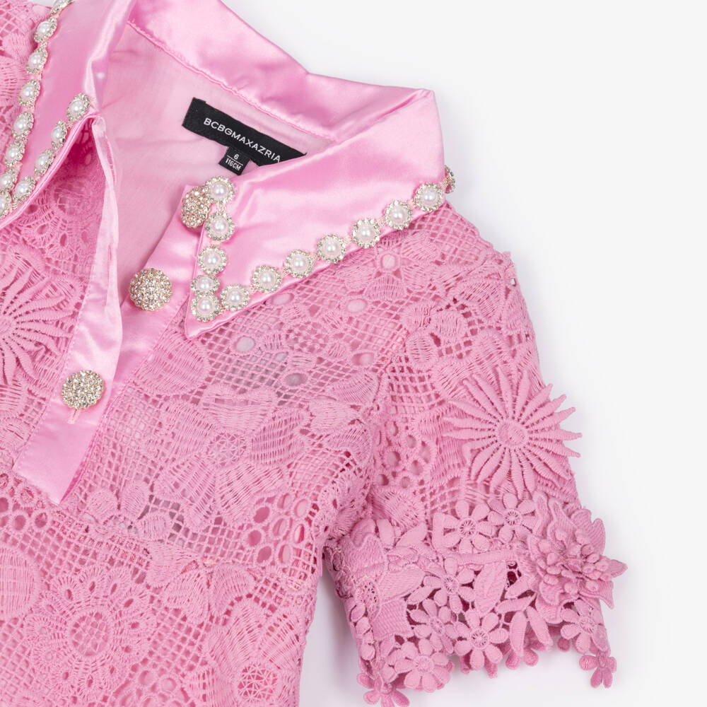 BCBGMAXAZRIA-Girls Pink Guipure Lace Dress with Diamanté & Pearl Collar | Childrensalon