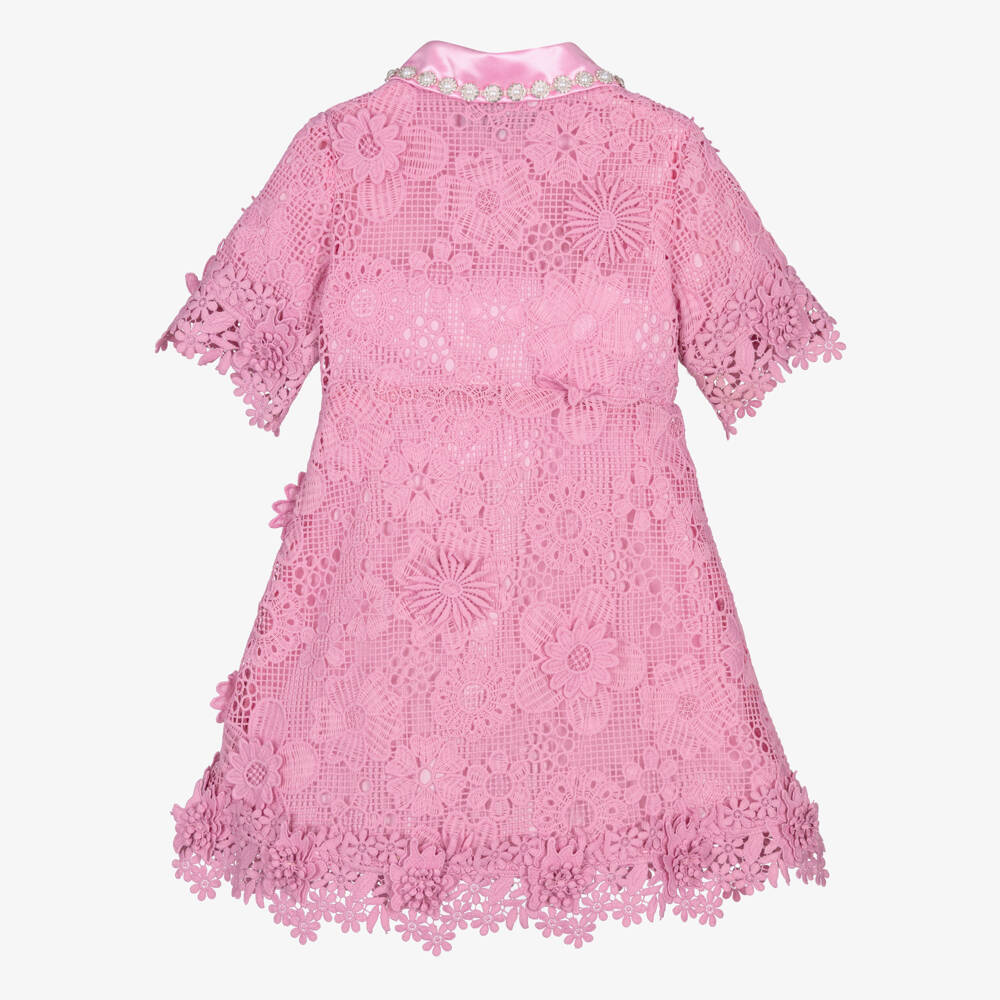 BCBGMAXAZRIA-Girls Pink Guipure Lace Dress with Diamanté & Pearl Collar | Childrensalon