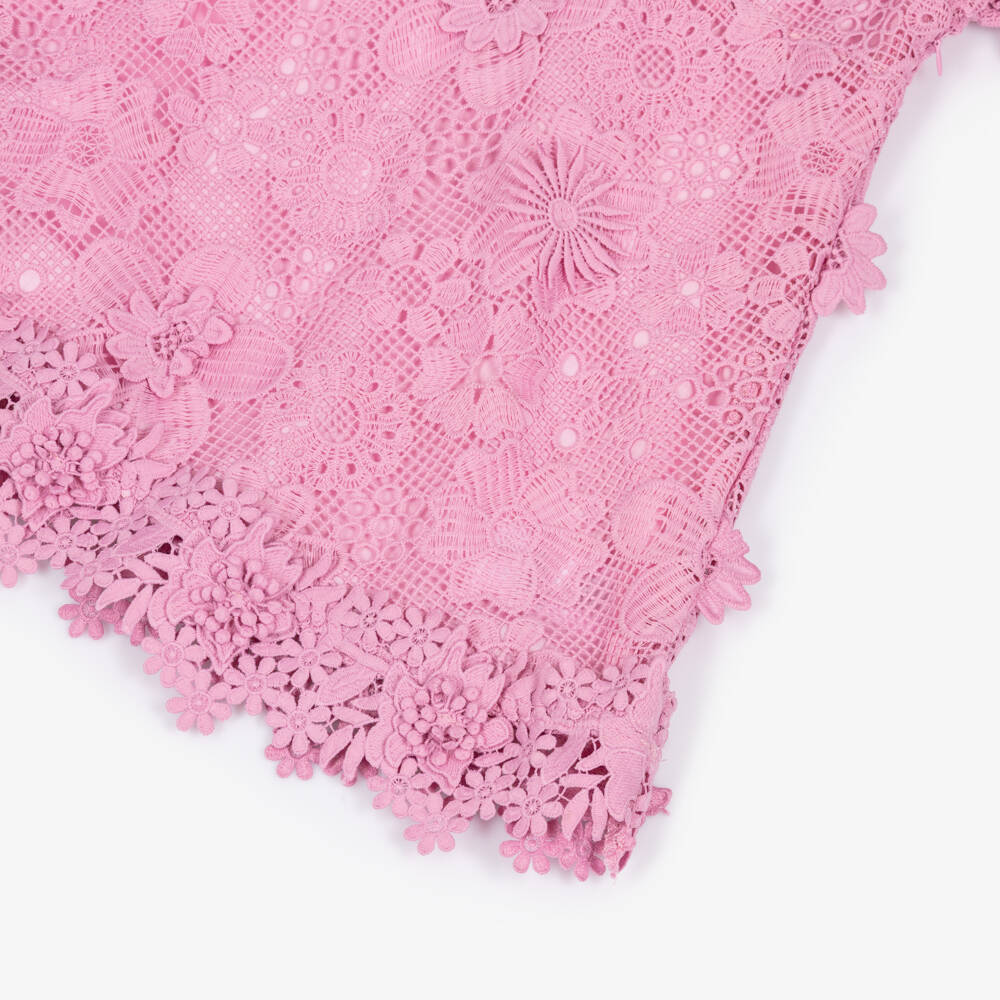 BCBGMAXAZRIA-Girls Pink Guipure Lace Dress with Diamanté & Pearl Collar | Childrensalon