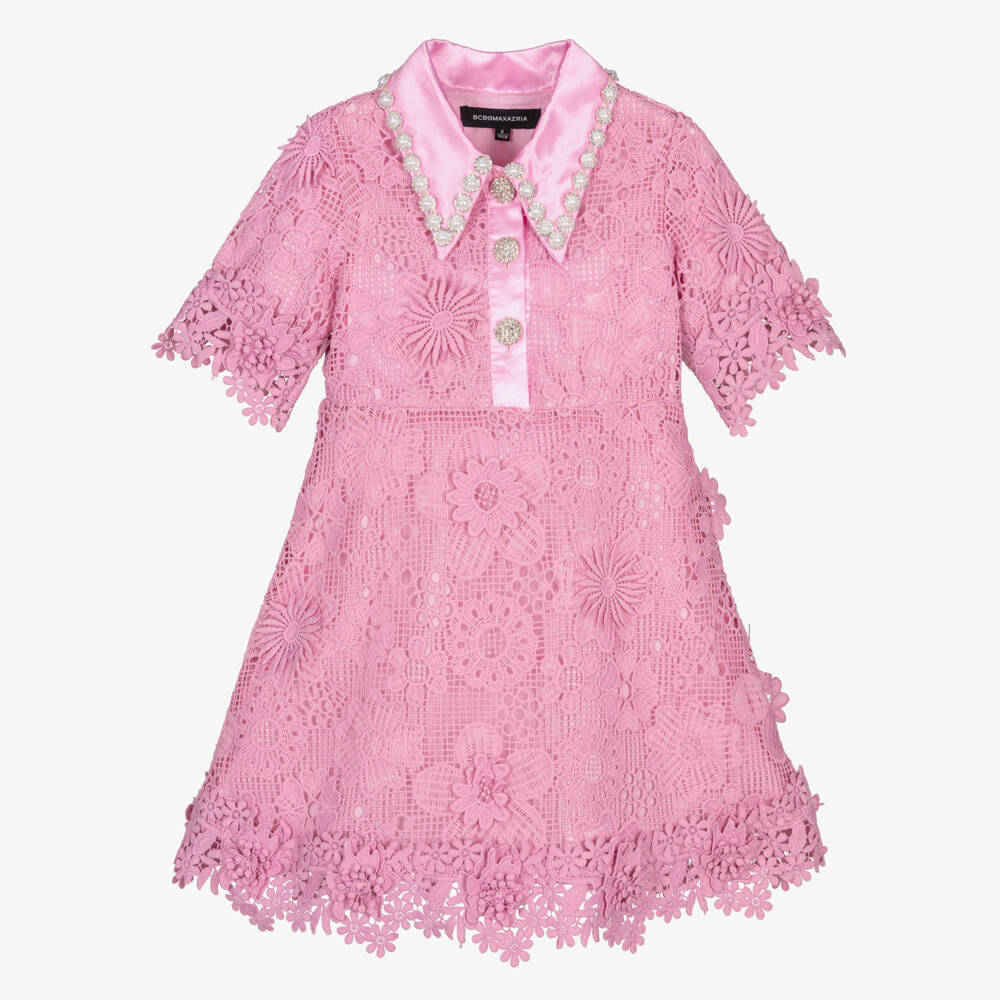 BCBGMAXAZRIA-Girls Pink Guipure Lace Dress with Diamanté & Pearl Collar | Childrensalon