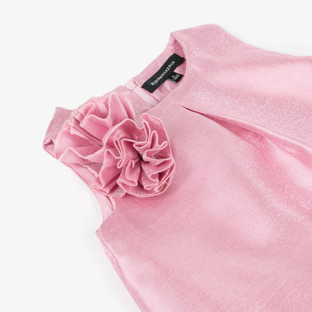 BCBGMAXAZRIA-Girls Pink Lurex Satin Flower Detail Dress | Childrensalon