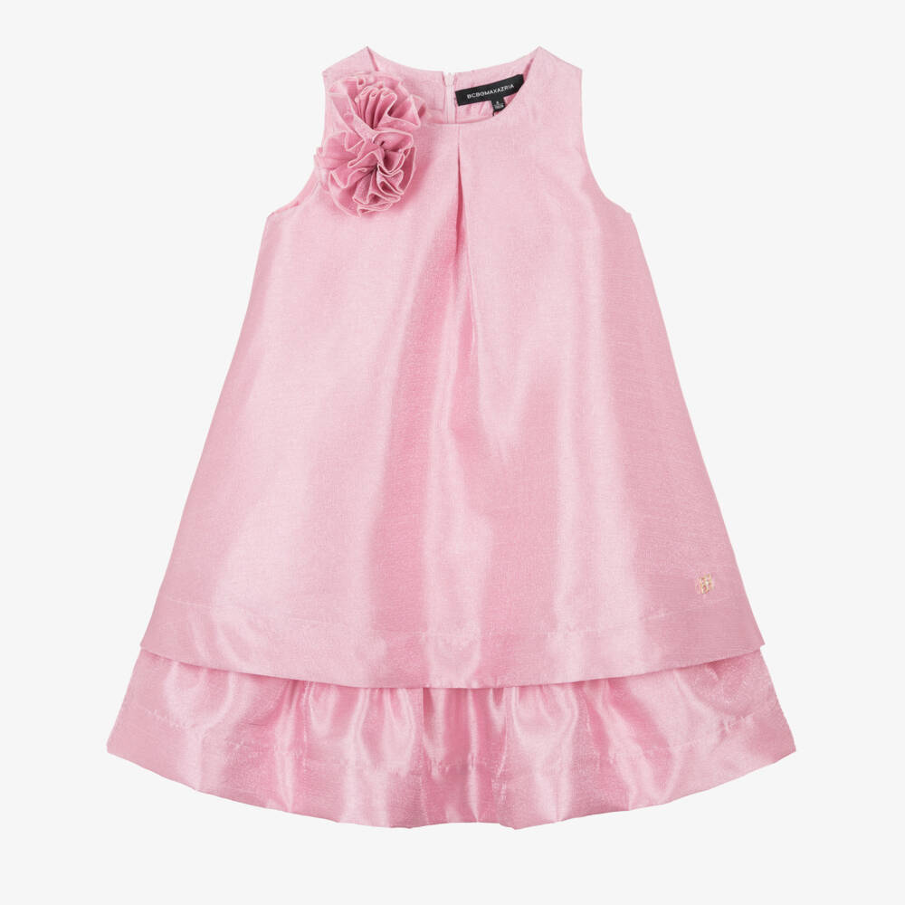 BCBGMAXAZRIA-Girls Pink Lurex Satin Flower Detail Dress | Childrensalon