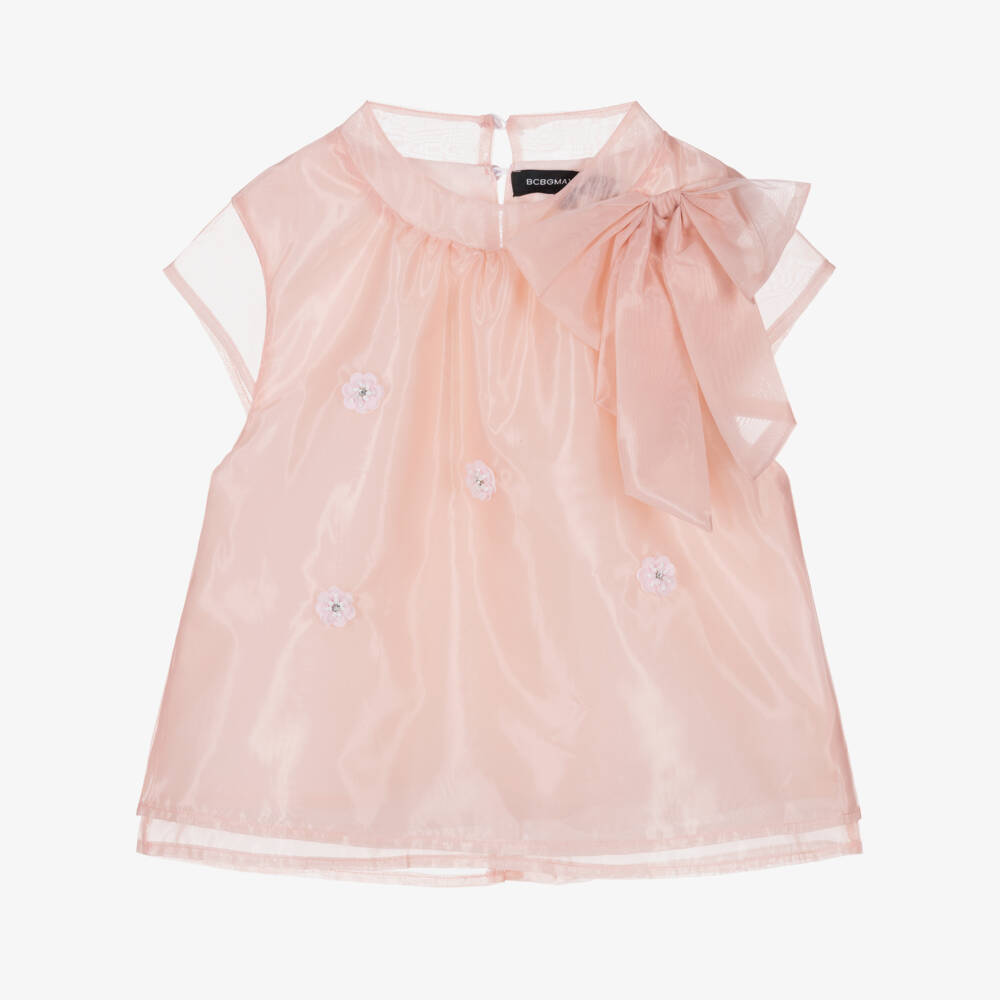 BCBGMAXAZRIA-Girls Pink Organza Blouse with Sequin Flowers & Bow  | Childrensalon