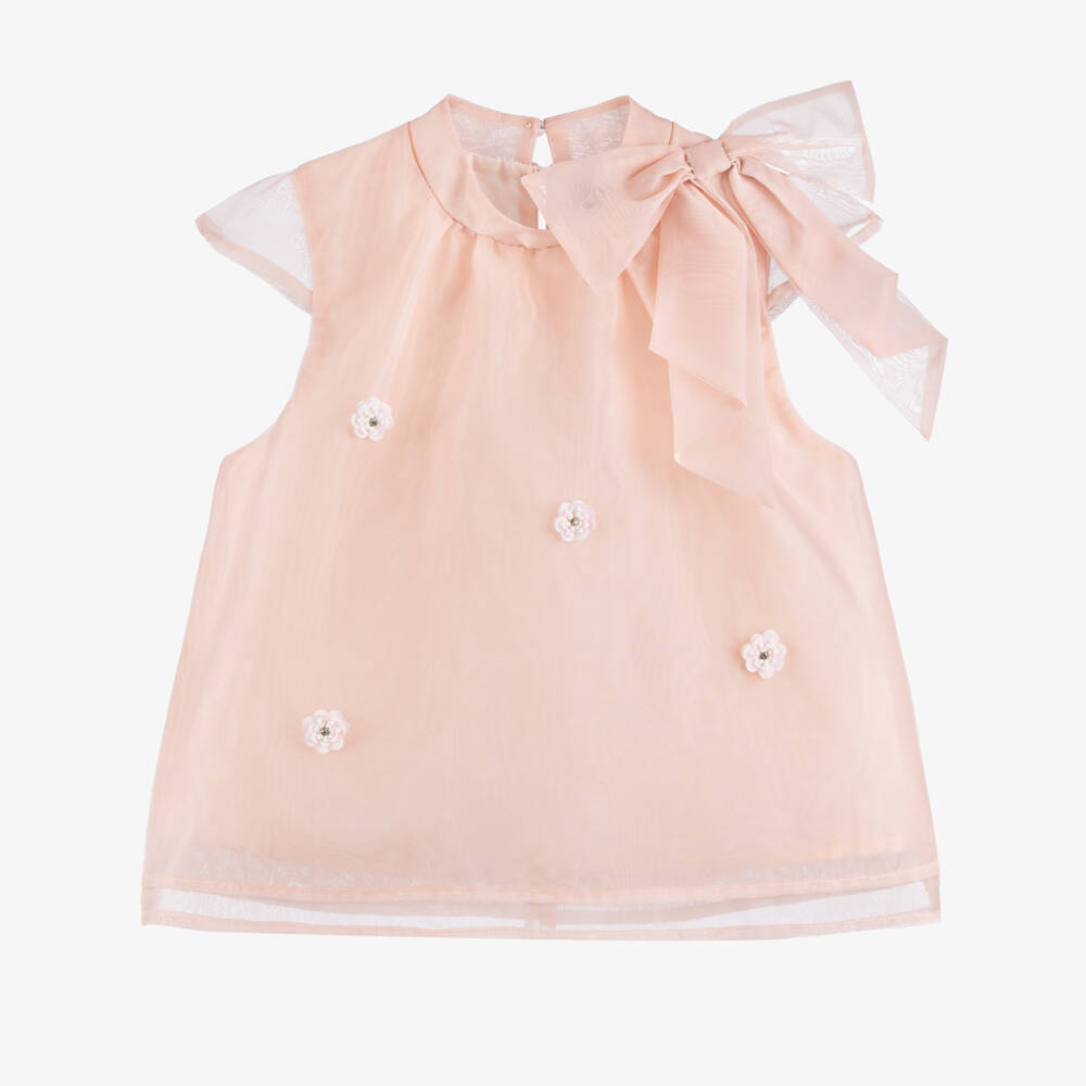 BCBGMAXAZRIA-Girls Pink Organza Floral & Bow Trim Blouse | Childrensalon