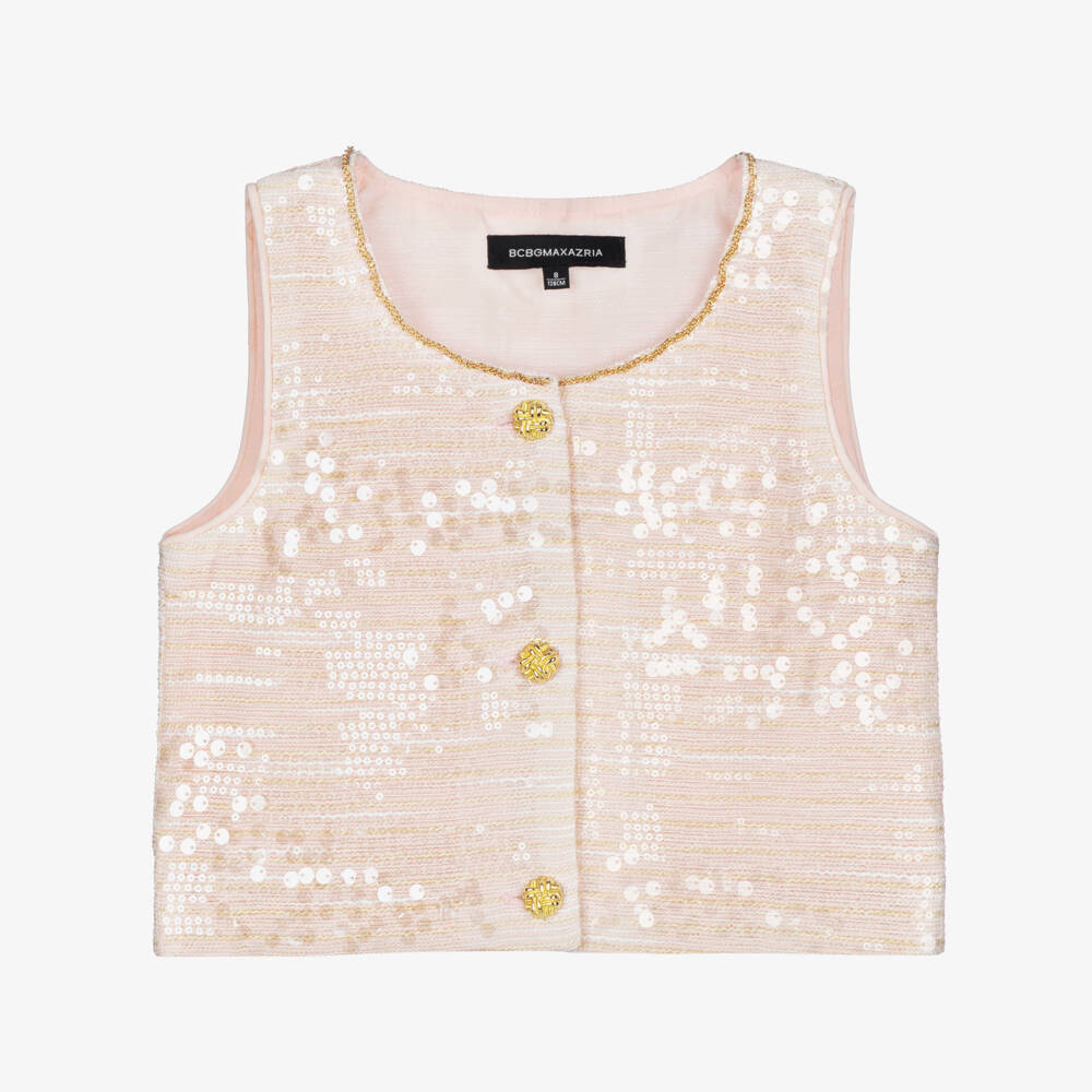 BCBGMAXAZRIA-Girls Pink Sequinned Sleeveless Tweed Top | Childrensalon