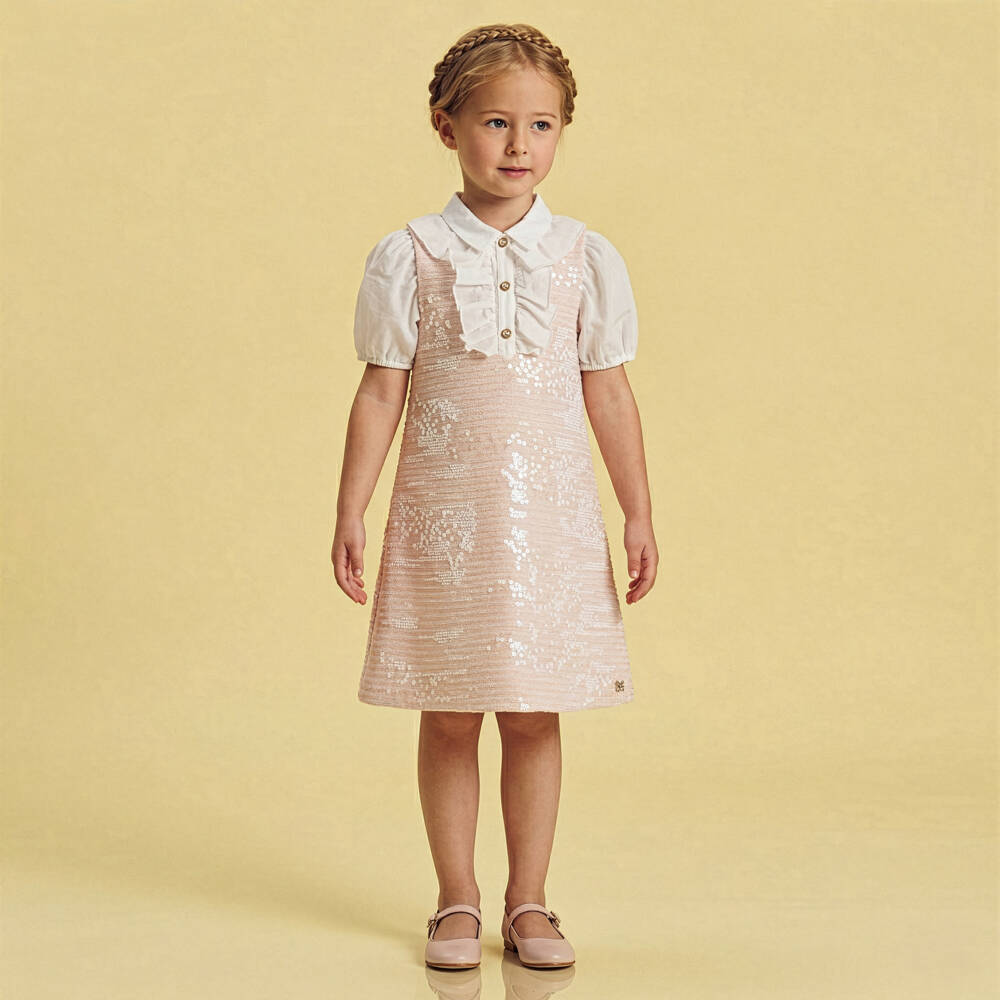 BCBGMAXAZRIA-Girls Pink Sequinned Tweed Dress with Ruffle Trim | Childrensalon