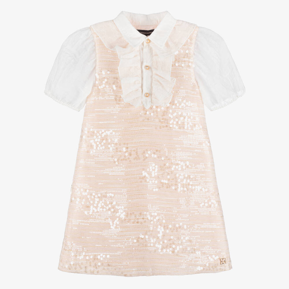 BCBGMAXAZRIA-Girls Pink Sequinned Tweed Dress with Ruffle Trim | Childrensalon