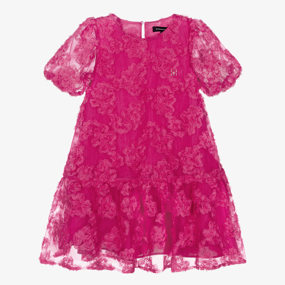 BCBGMAXAZRIA-Girls Pink Tulle Dress with Ruffled Floral Appliqués | Childrensalon