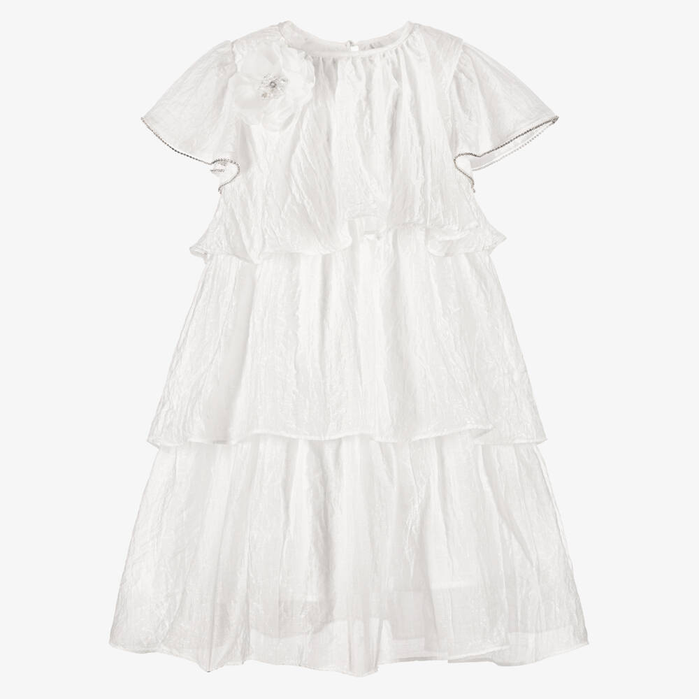 BCBGMAXAZRIA-Girls Shimmery White Tiered Ruffle Dress | Childrensalon