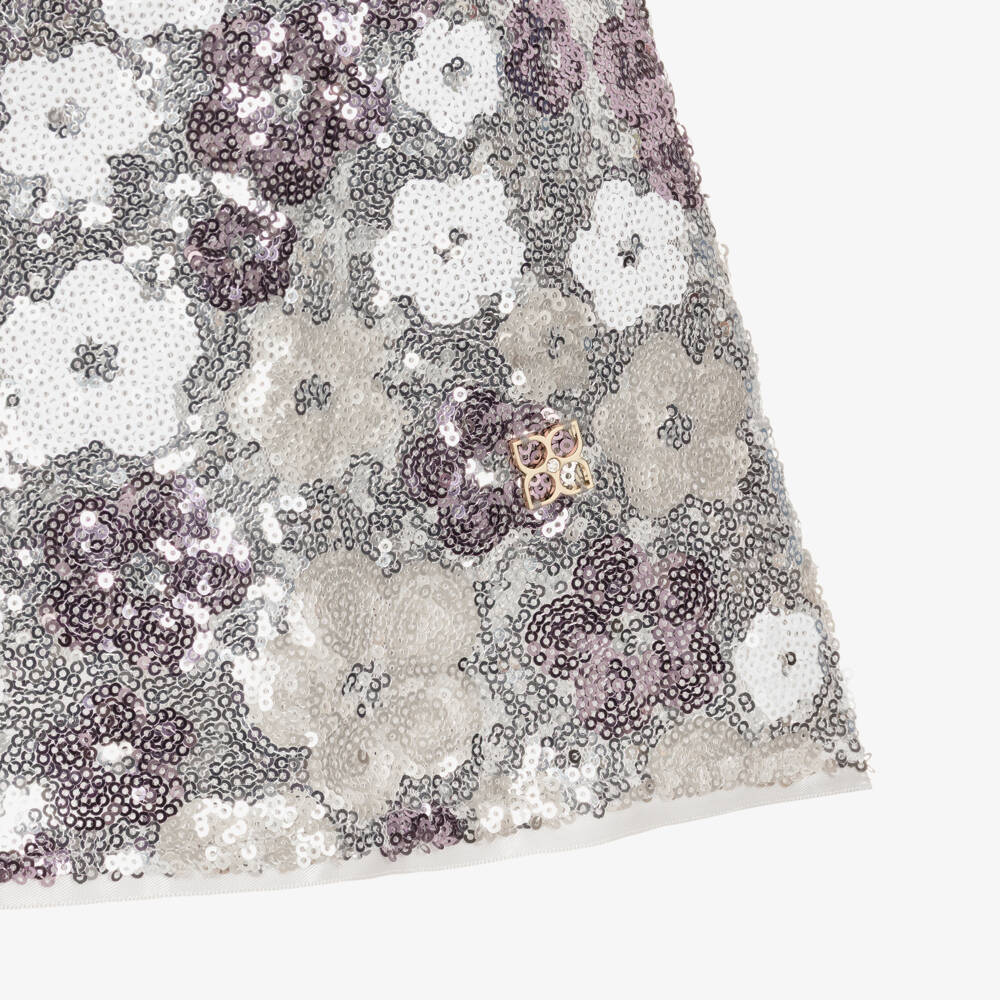 BCBGMAXAZRIA-Серебряное платье с цветочными пайетками и бархатным бантом для девочек | Childrensalon