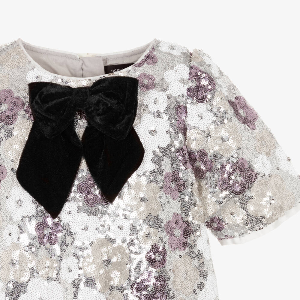 BCBGMAXAZRIA-Серебряное платье с цветочными пайетками и бархатным бантом для девочек | Childrensalon