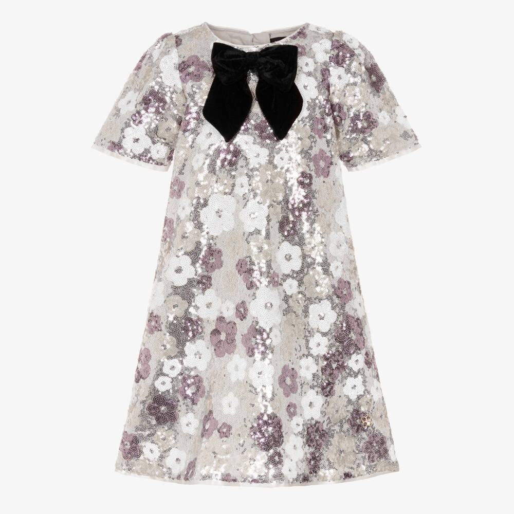 BCBGMAXAZRIA-Серебряное платье с цветочными пайетками и бархатным бантом для девочек | Childrensalon