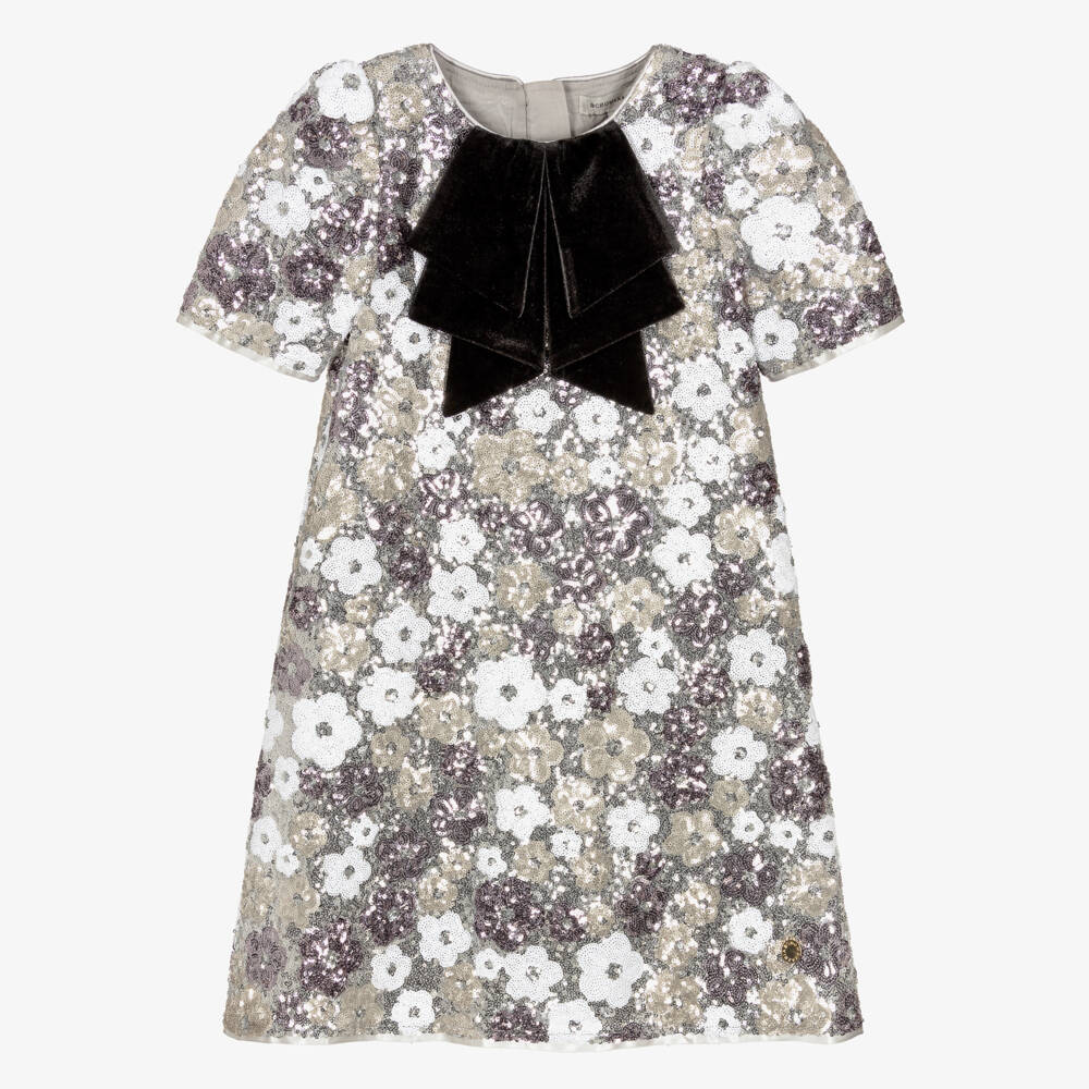 BCBGMAXAZRIA-Girls Silver Floral Sequinned Dress with Velvet Bow | Childrensalon
