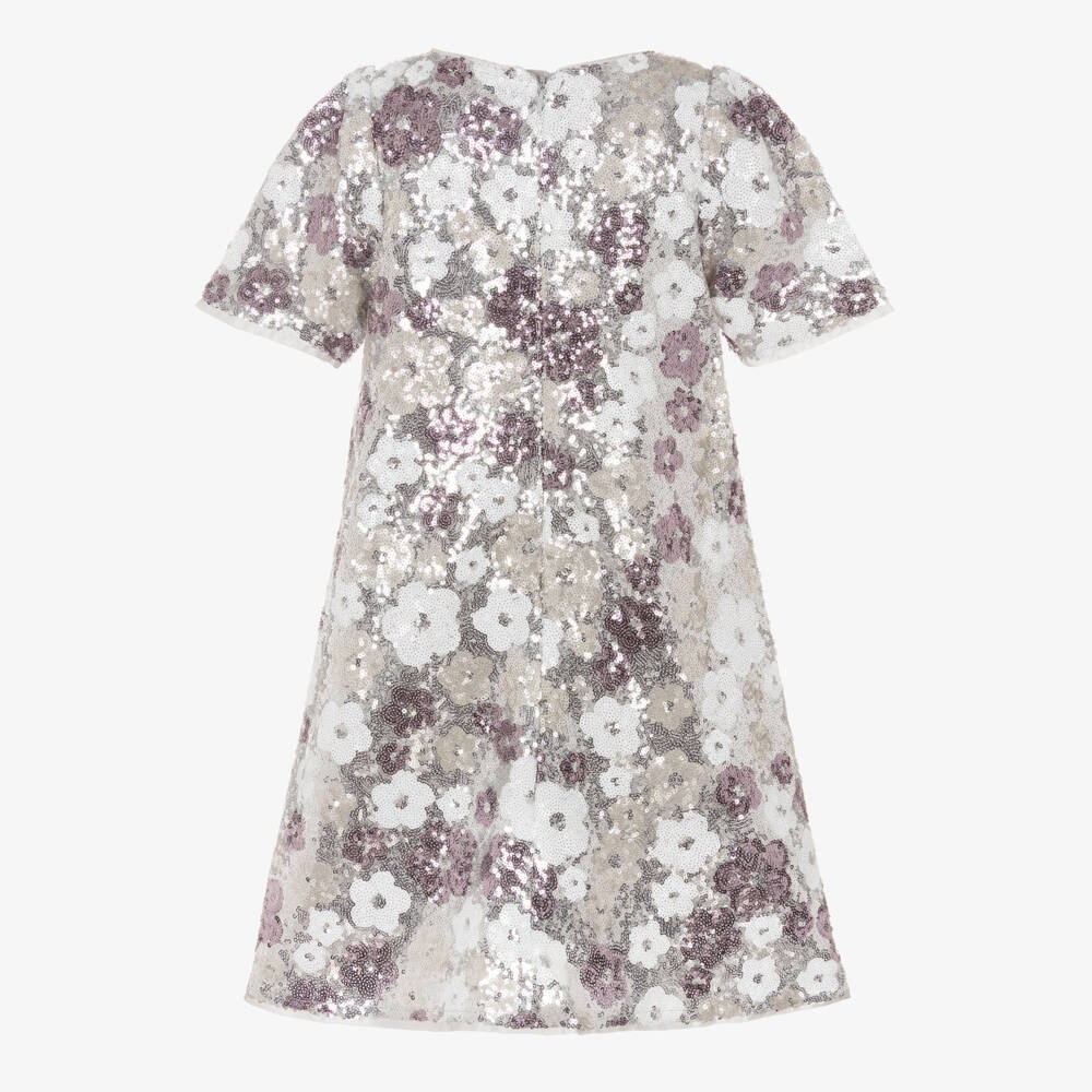 BCBGMAXAZRIA-Серебряное платье с цветочными пайетками и бархатным бантом для девочек | Childrensalon