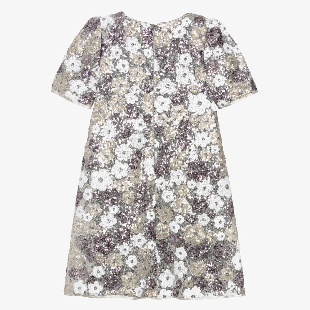 BCBGMAXAZRIA-Girls Silver Floral Sequinned Dress with Velvet Bow | Childrensalon