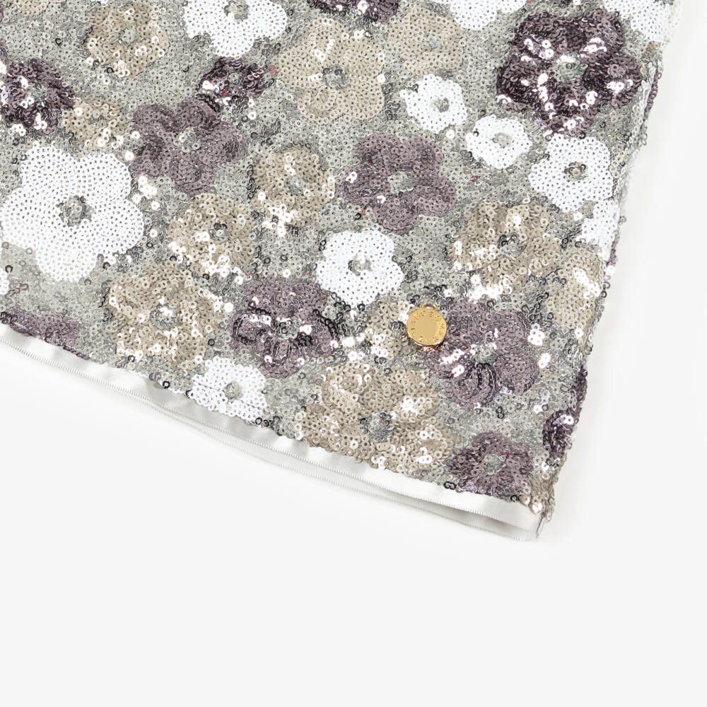 BCBGMAXAZRIA-Girls Silver Floral Sequinned Dress with Velvet Bow | Childrensalon