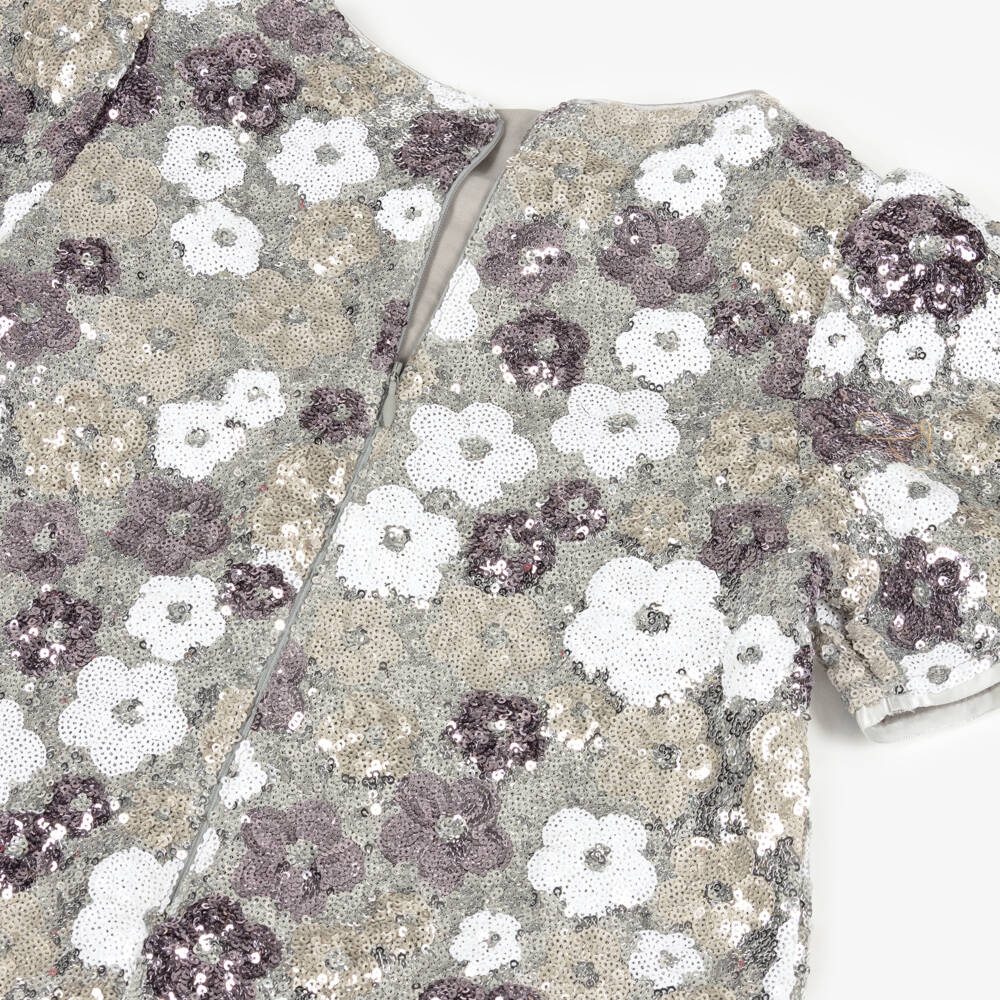 BCBGMAXAZRIA-Girls Silver Floral Sequinned Dress with Velvet Bow | Childrensalon