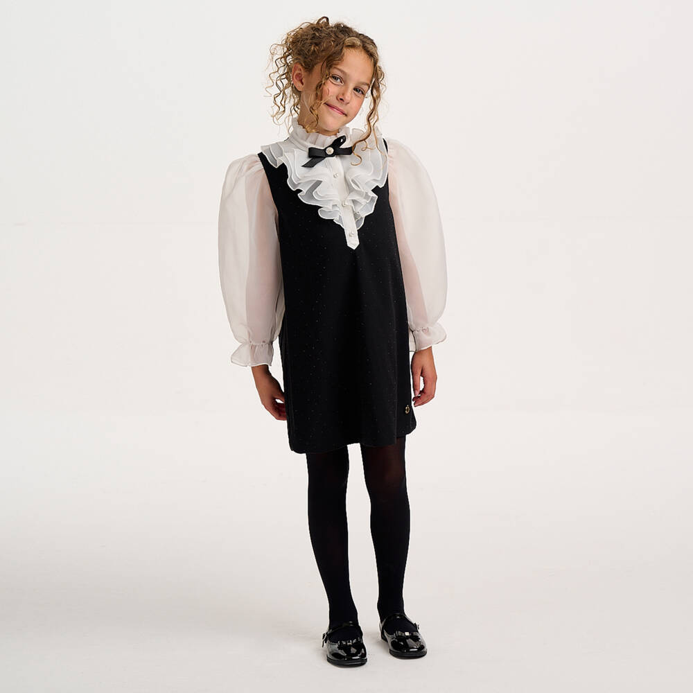 BCBGMAXAZRIA-Girls Sparkly Black & White Ruffle Neck Dress | Childrensalon