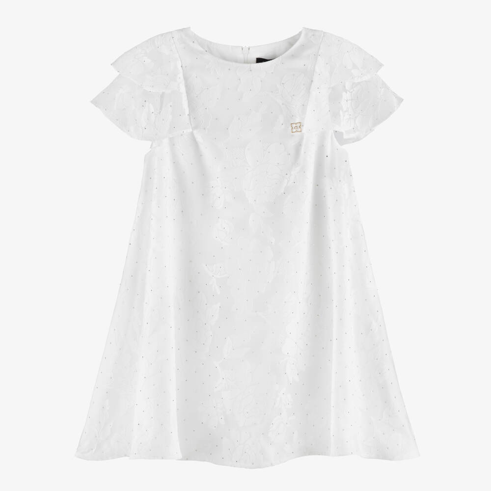 BCBGMAXAZRIA-Girls Sparkly White Floral Jacquard Organza Dress | Childrensalon
