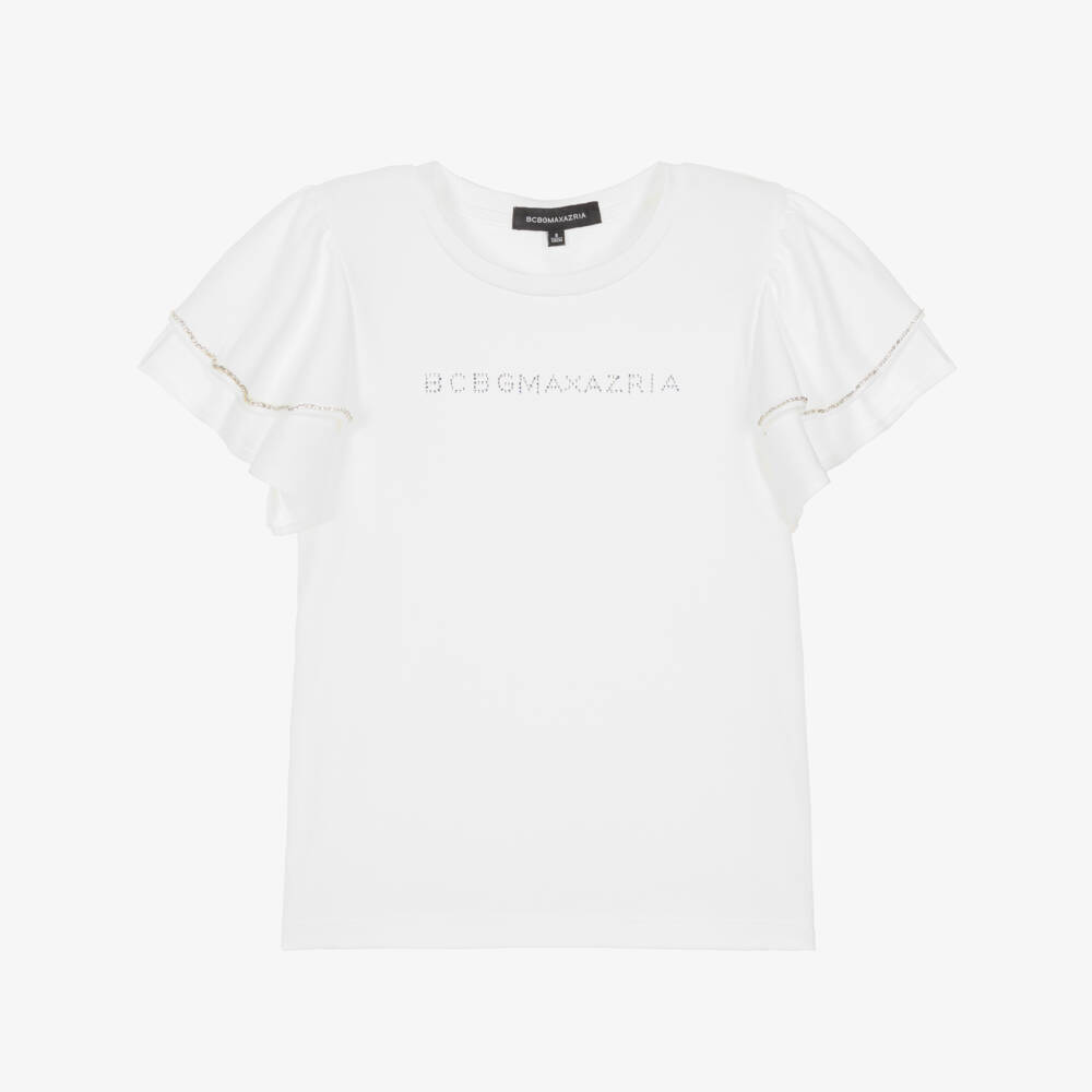 BCBGMAXAZRIA-Girls White Flutter Sleeve T-Shirt with Diamanté Trim | Childrensalon
