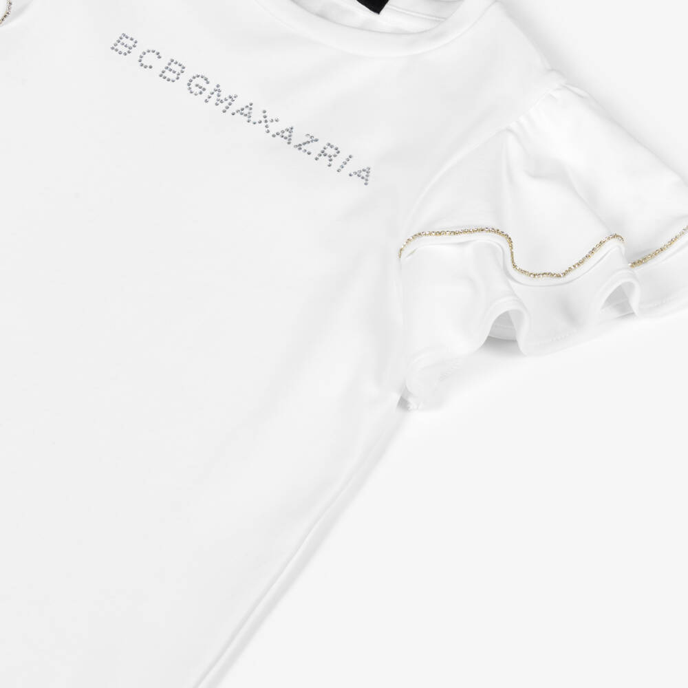 BCBGMAXAZRIA-Girls White Flutter Sleeve T-Shirt with Diamanté Trim | Childrensalon