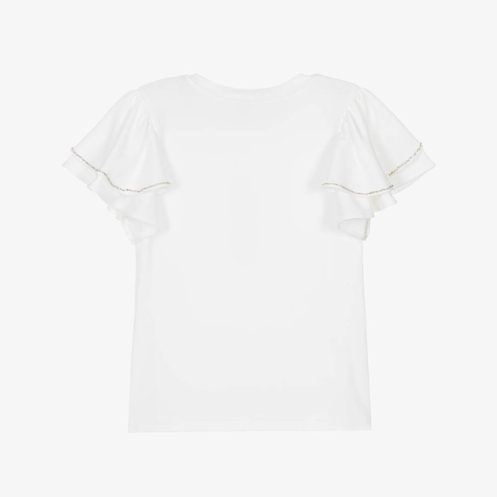 BCBGMAXAZRIA-Girls White Flutter Sleeve T-Shirt with Diamanté Trim | Childrensalon