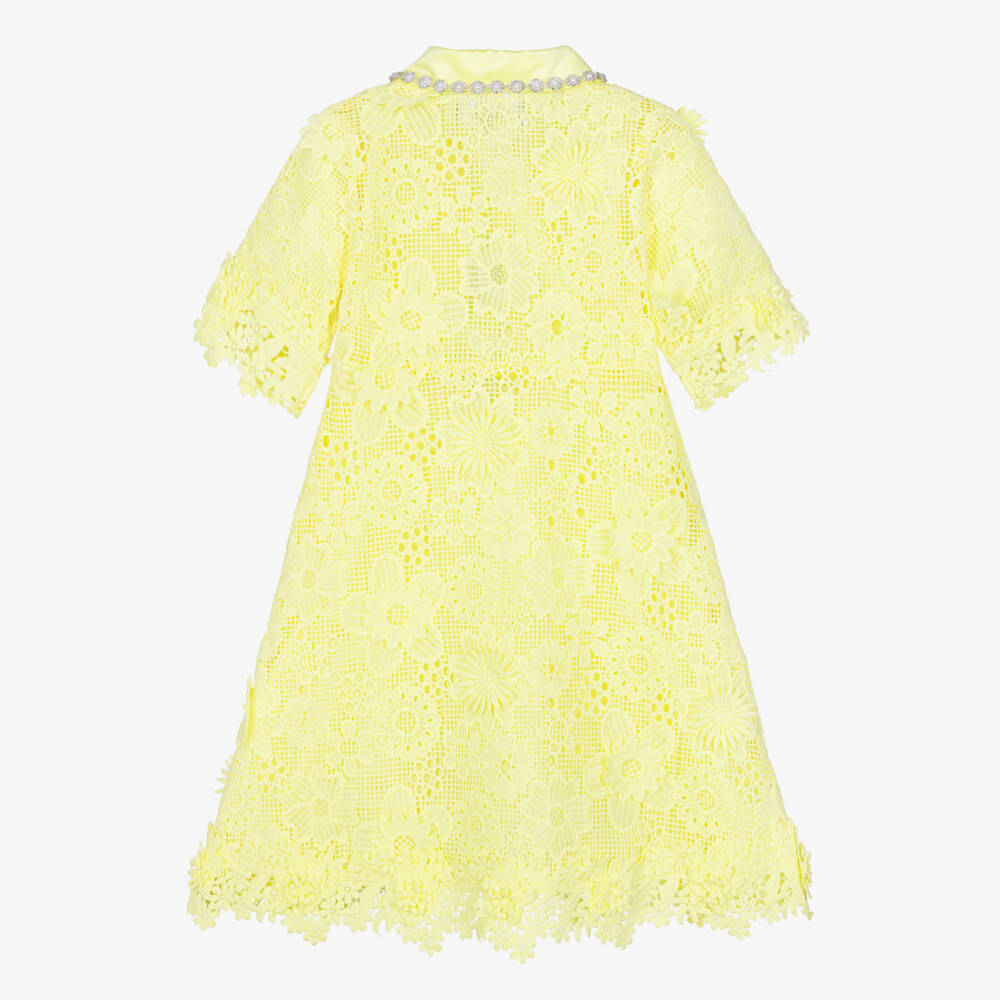 BCBGMAXAZRIA-Girls Yellow Guipure Lace Dress with Diamanté & Pearl Collar | Childrensalon