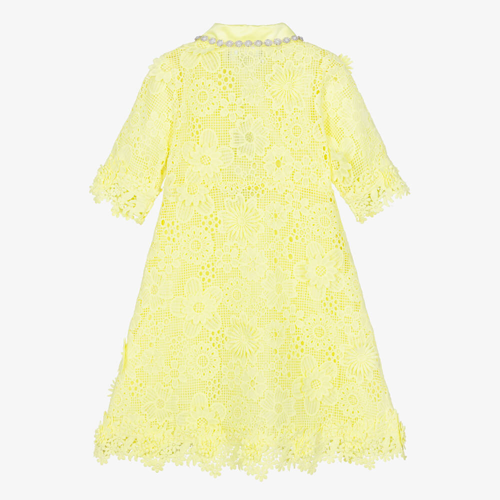 BCBGMAXAZRIA-Girls Yellow Guipure Lace Dress with Diamanté Pearl Collar | Childrensalon