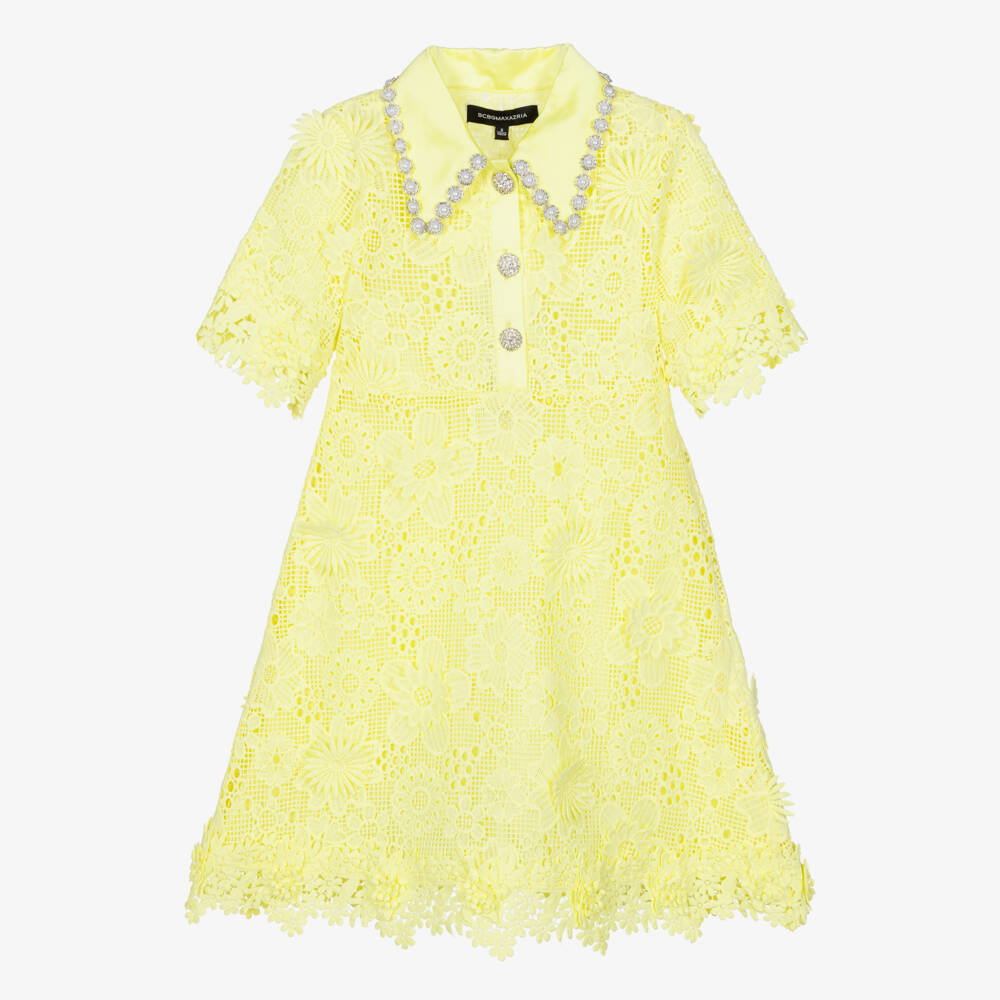 BCBGMAXAZRIA-Girls Yellow Guipure Lace Dress with Diamanté & Pearl Collar | Childrensalon