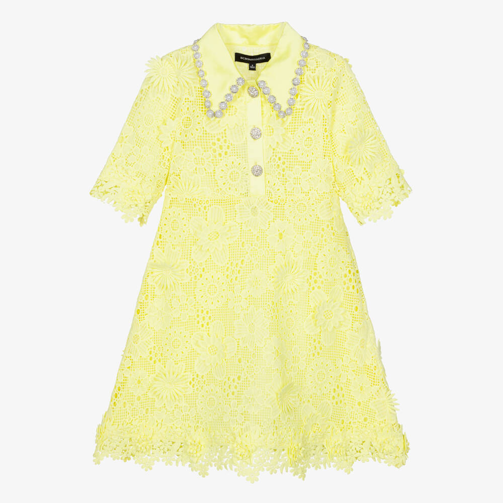 BCBGMAXAZRIA-Girls Yellow Guipure Lace Dress with Diamanté Pearl Collar | Childrensalon