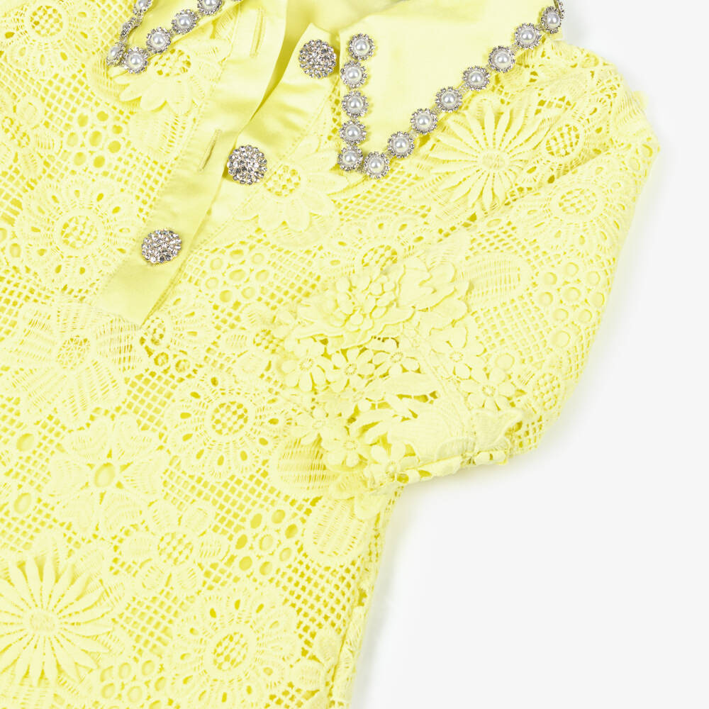 BCBGMAXAZRIA-Girls Yellow Guipure Lace Dress with Diamanté Pearl Collar | Childrensalon