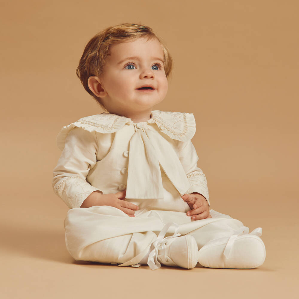 Beatrice & George-Baby Boys Ivory Embroidered Dupion Ceremony Shortie | Childrensalon