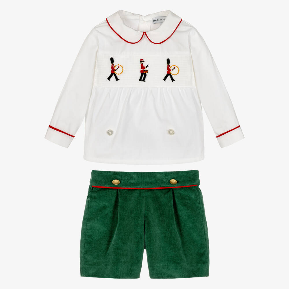 Beatrice & George-Baby Boys White & Green Royal Guardsman Buster Suit | Childrensalon
