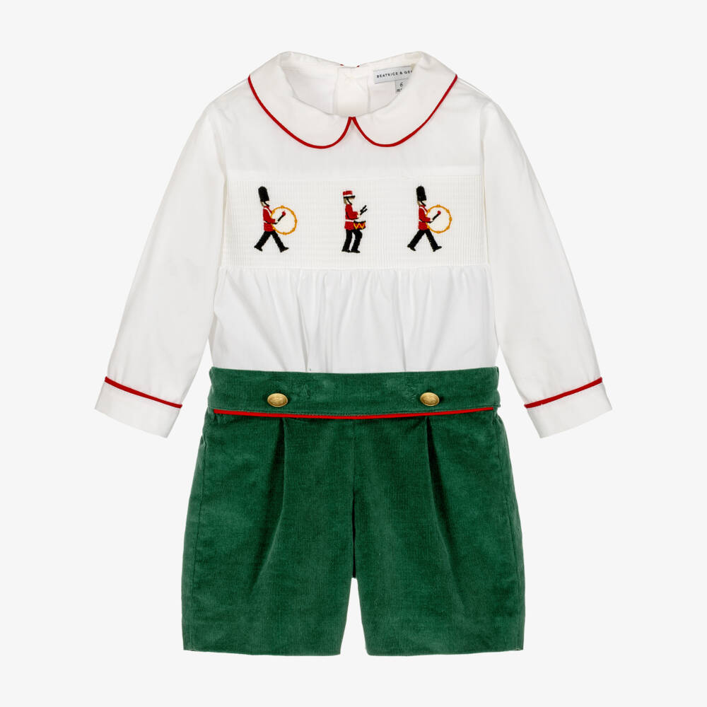 Beatrice & George-Baby Boys White & Green Royal Guardsman Buster Suit | Childrensalon