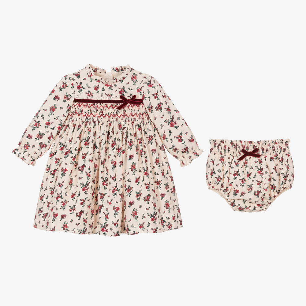 Beatrice & George-Baby Girls Ivory & Red Smocked Floral Dress | Childrensalon
