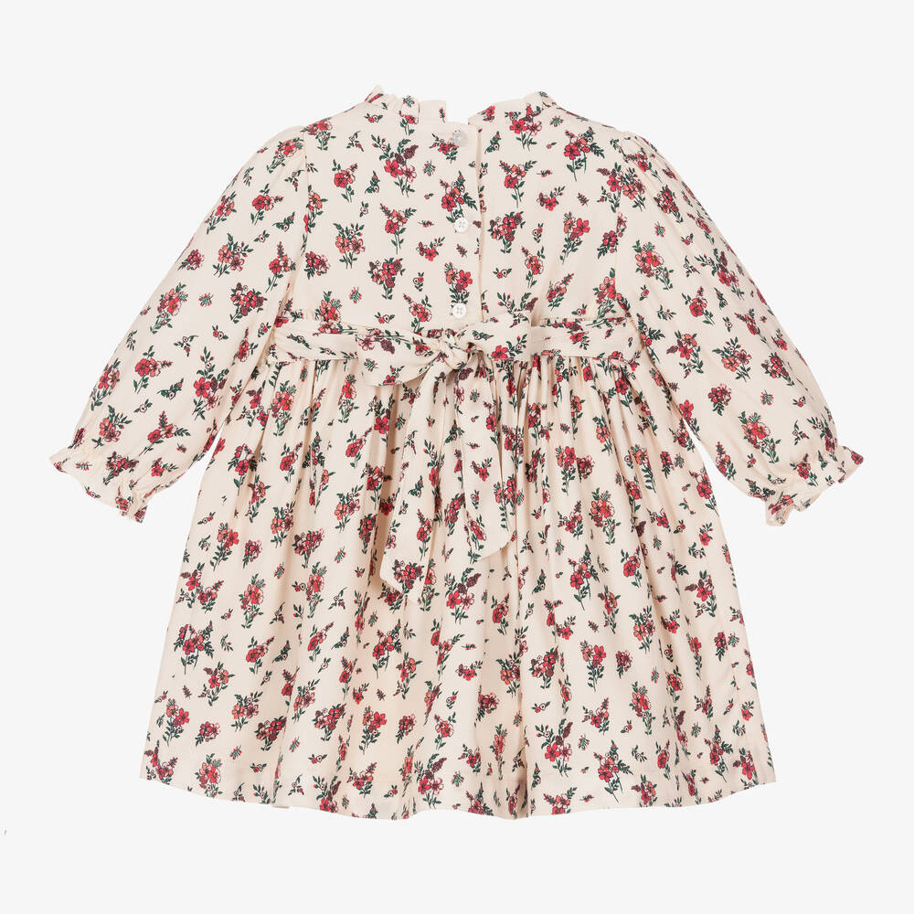Beatrice & George-Baby Girls Ivory & Red Smocked Floral Dress | Childrensalon