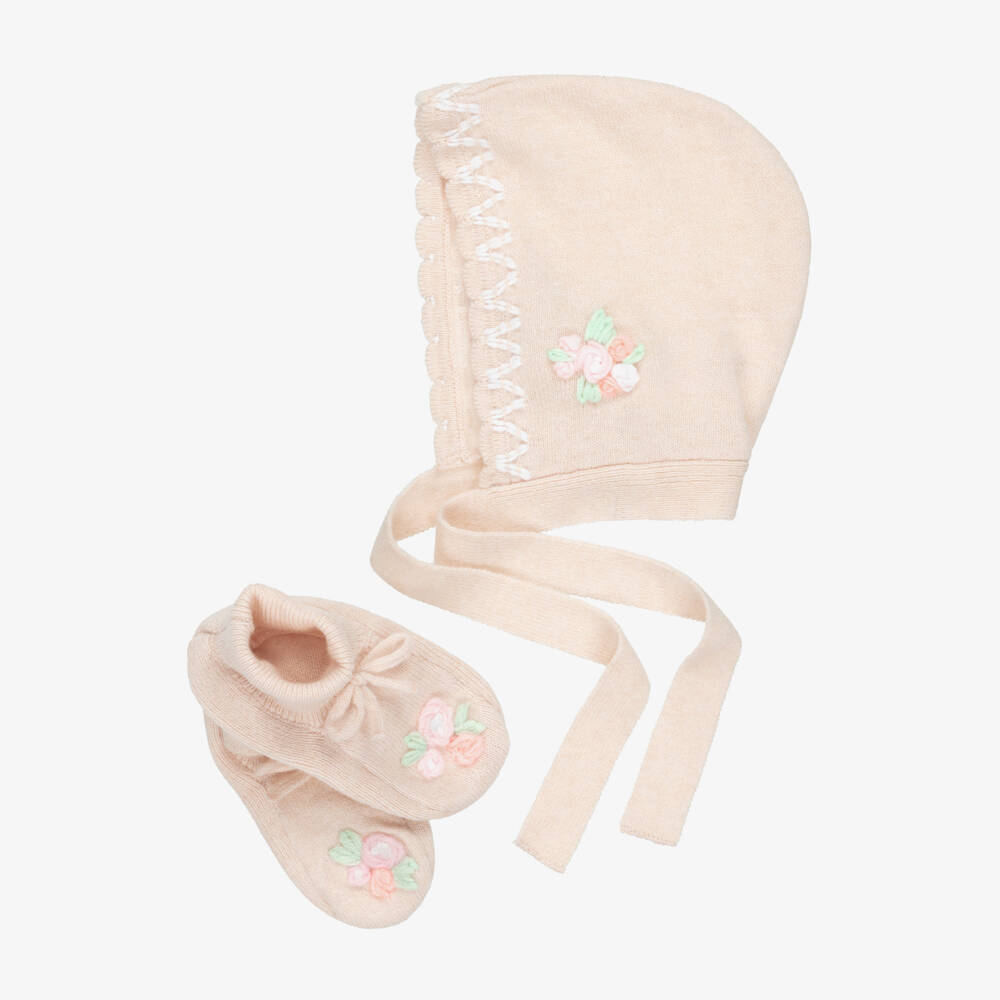 Beatrice & George-Baby Girls Pink Knitted Bonnet & Bootie Set | Childrensalon