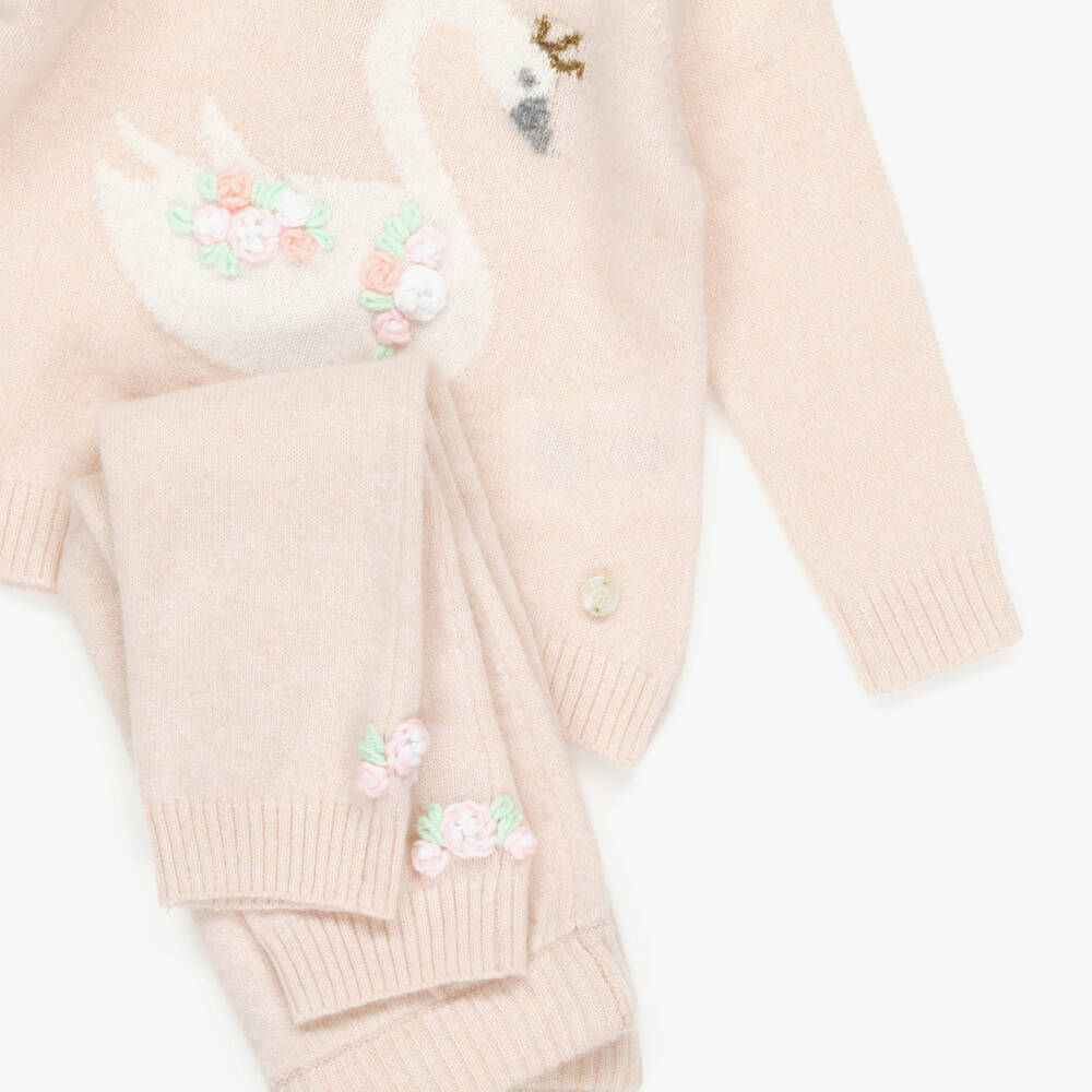 Beatrice & George-Baby Girls Pink Wool Swan Trouser Set with Bonnet & Booties | Childrensalon