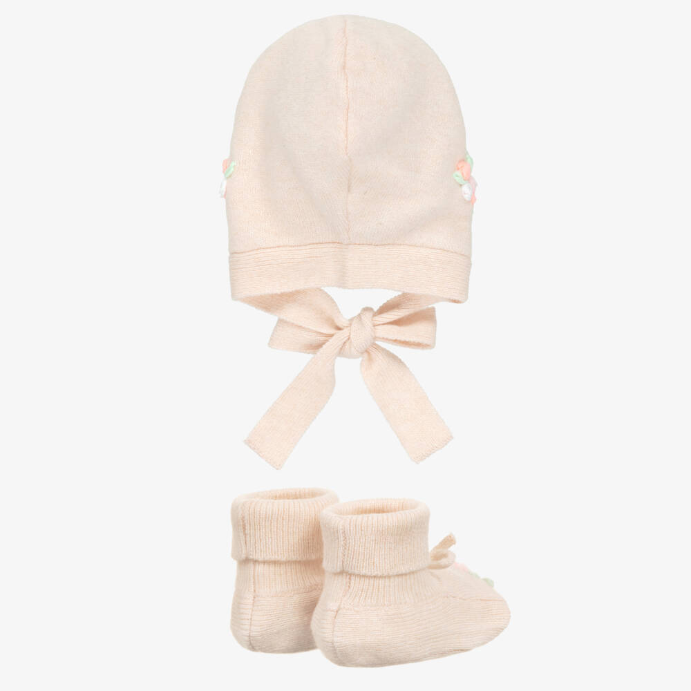 Beatrice & George-Baby Girls Pink Wool Swan Trouser Set with Bonnet & Booties | Childrensalon