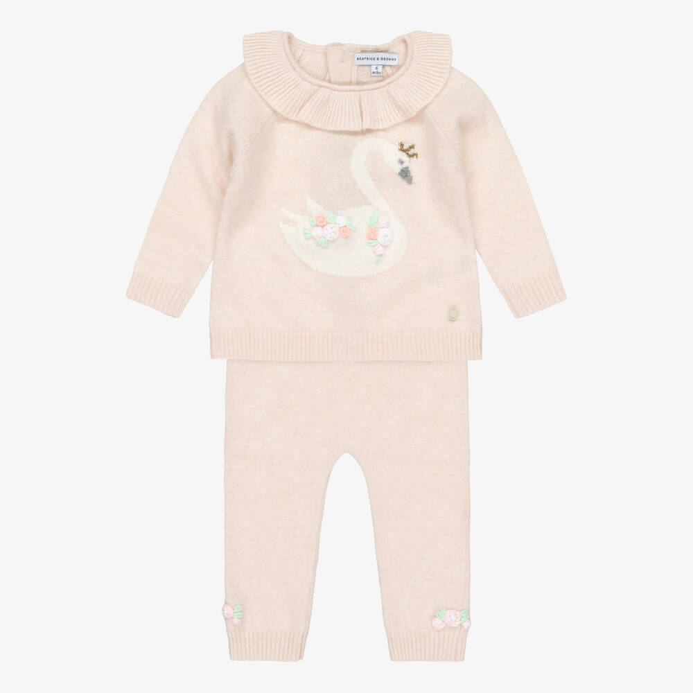 Beatrice & George-Baby Girls Pink Wool Swan Trouser Set with Bonnet & Booties | Childrensalon